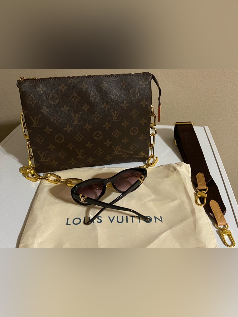 LV Brown Bag and Brown Sunglasses with Brown Gradient Lenses and Gold Accents